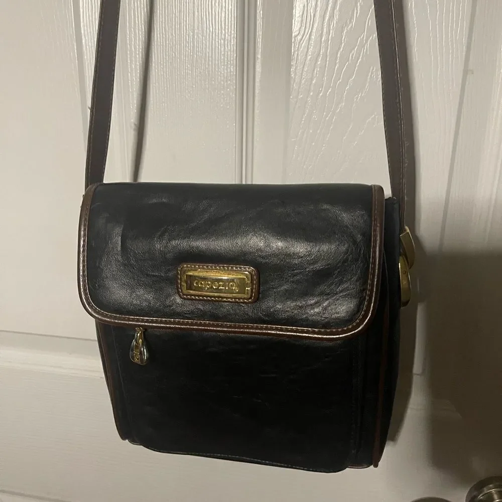 Capezio Black Leather Crossbody Bag with brown trim and gold tone hardwares